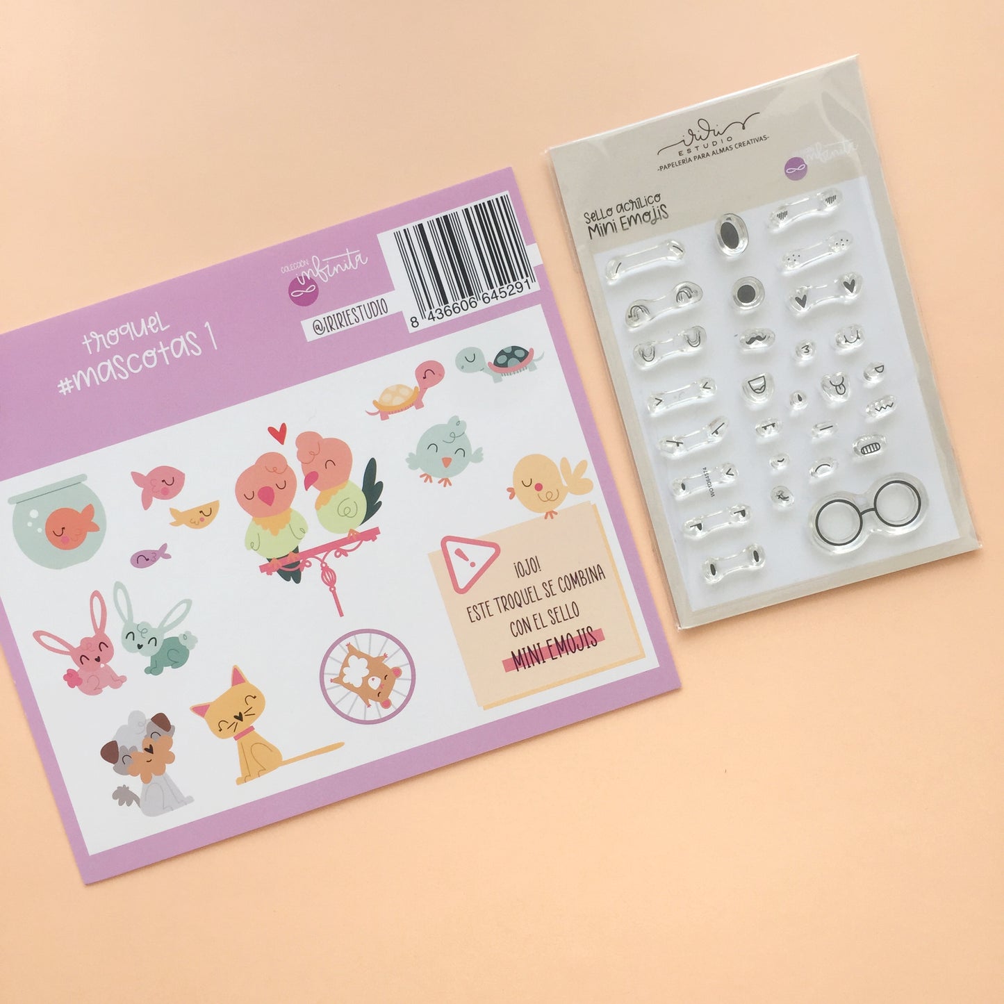 PACK MASCOTAS 1 (TROQUEL + SELLO MINI EMOJIS) - COL. INFINITA - SCRAPBOOKING