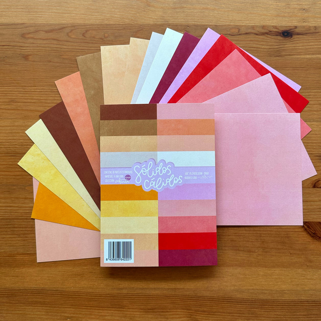 KIT 18 PAPELES SÓLIDOS CÁLIDOS EN 6X8" - COL. INFINITA - BÁSICOS SCRAPBOOKING