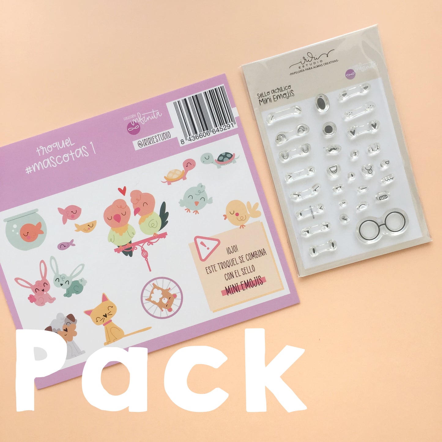 PACK MASCOTAS 1 (TROQUEL + SELLO MINI EMOJIS) - COL. INFINITA - SCRAPBOOKING