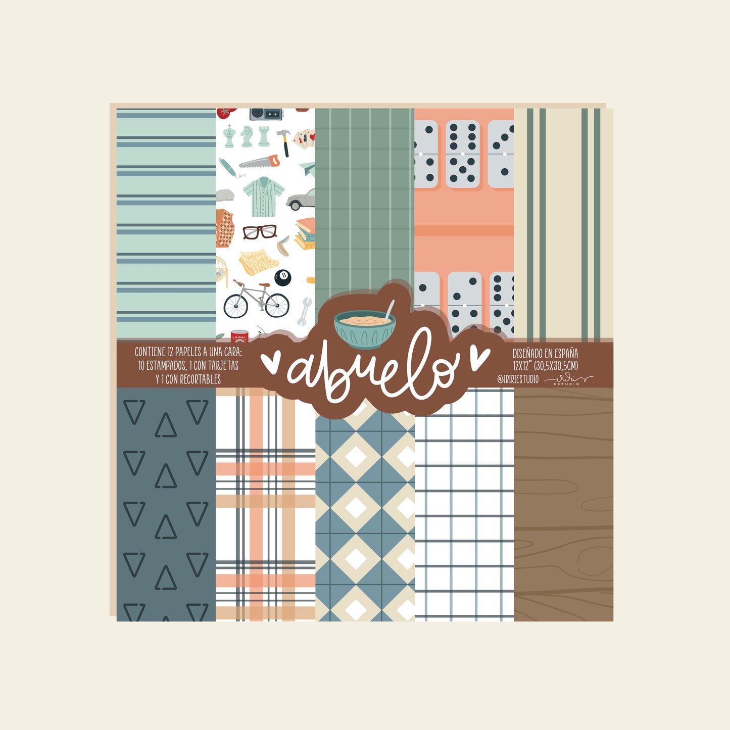 KIT 12 PAPELES ABUELO - 12x12" A 1 CARA - REPO BAJO PEDIDO - SCRAPBOOKING