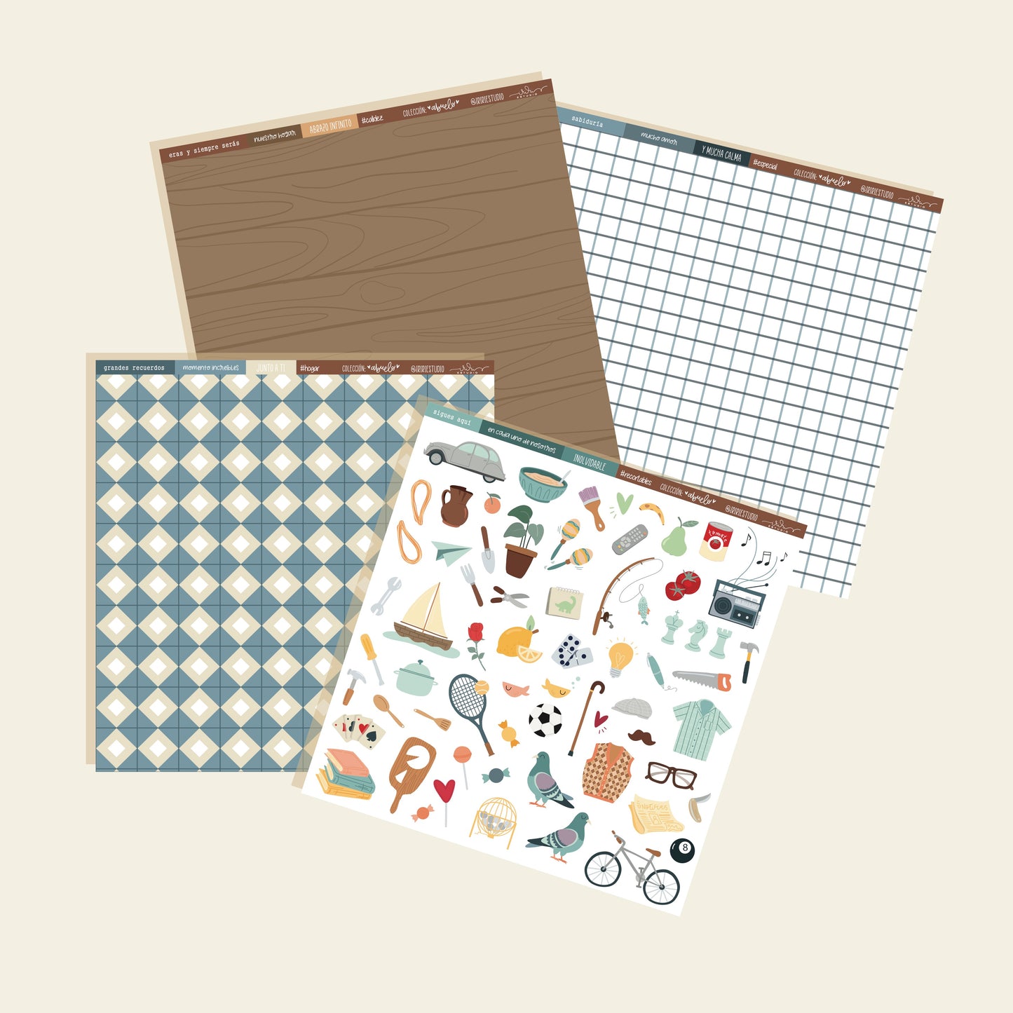 KIT 12 PAPELES ABUELO - 12x12" A 1 CARA - REPO BAJO PEDIDO - SCRAPBOOKING