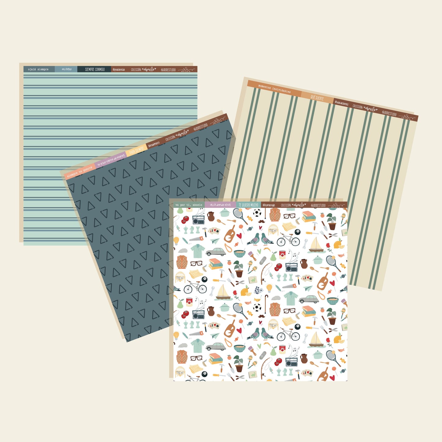 KIT 12 PAPELES ABUELO - 12x12" A 1 CARA - REPO BAJO PEDIDO - SCRAPBOOKING